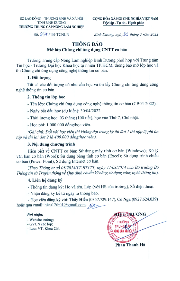 Thông báo mở lớp Chứng chỉ ứng dụng Công nghệ thông tin cơ bản năm 2022
